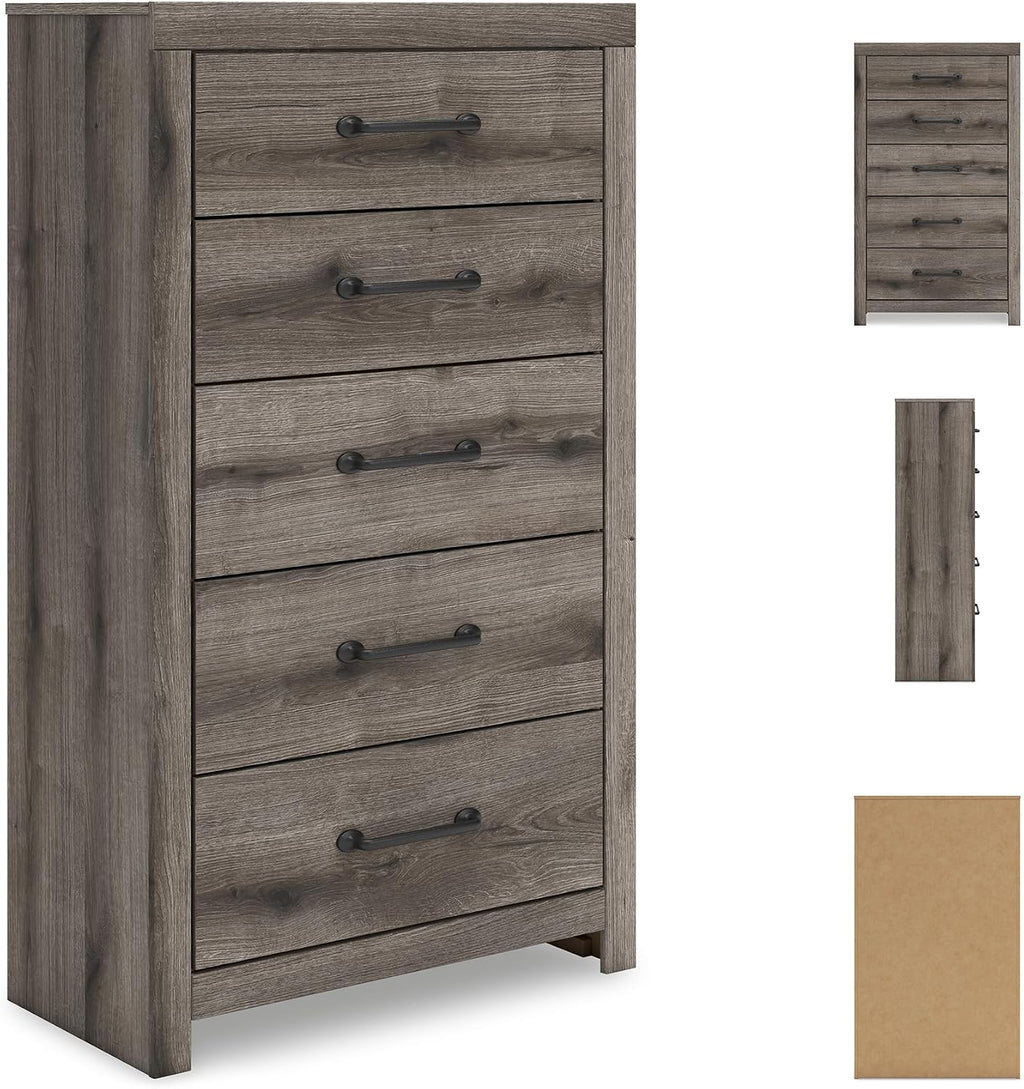 Signature Design by Ashley Urbanoore Rustic 5-Drawer Chest of Drawers with Safety Stop, Gray