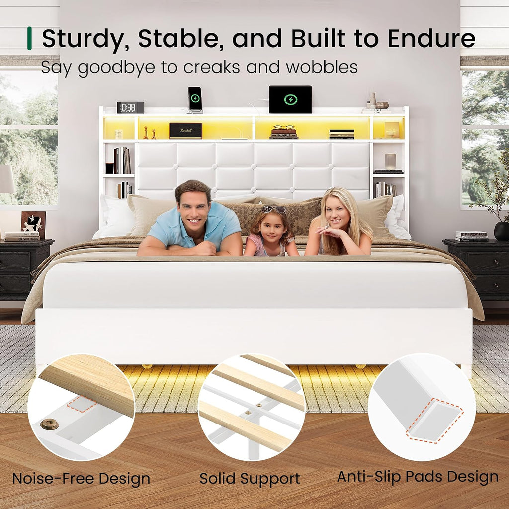LARMACE Queen Size Bed Frame with 4 Storage Drawers and Bookcase Headboard, Faux Leather Upholstered, Wooden Platform Bed Frame with Charging Station and LED Lights, No Box Spring Needed, White