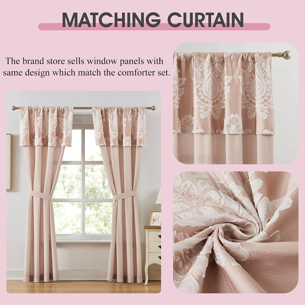 LANCO MODERN LIFESTYLE Blush Queen Comforter Set 7 Pieces, Jacquard Woven with Damask, Bedding Set in a Bag Includes Comforter, Bed Skirt, Pillow Shams, and Decorative Pillows