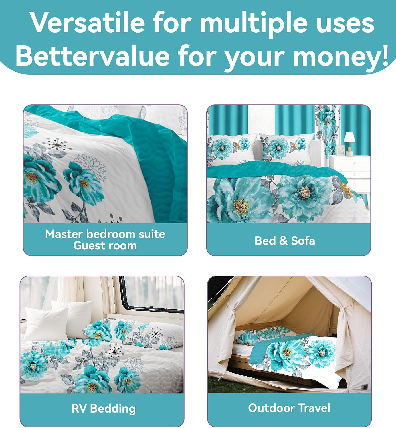 9 Pcs Cal King Bed in A Bag with Curtains | Teal Floral Bedspread, 2 Pillowcases, 2 Print & 4 Solid Curtains | Microfiber, Cotton-Like Touch | Bedroom | Bedspread and Curtain Sets