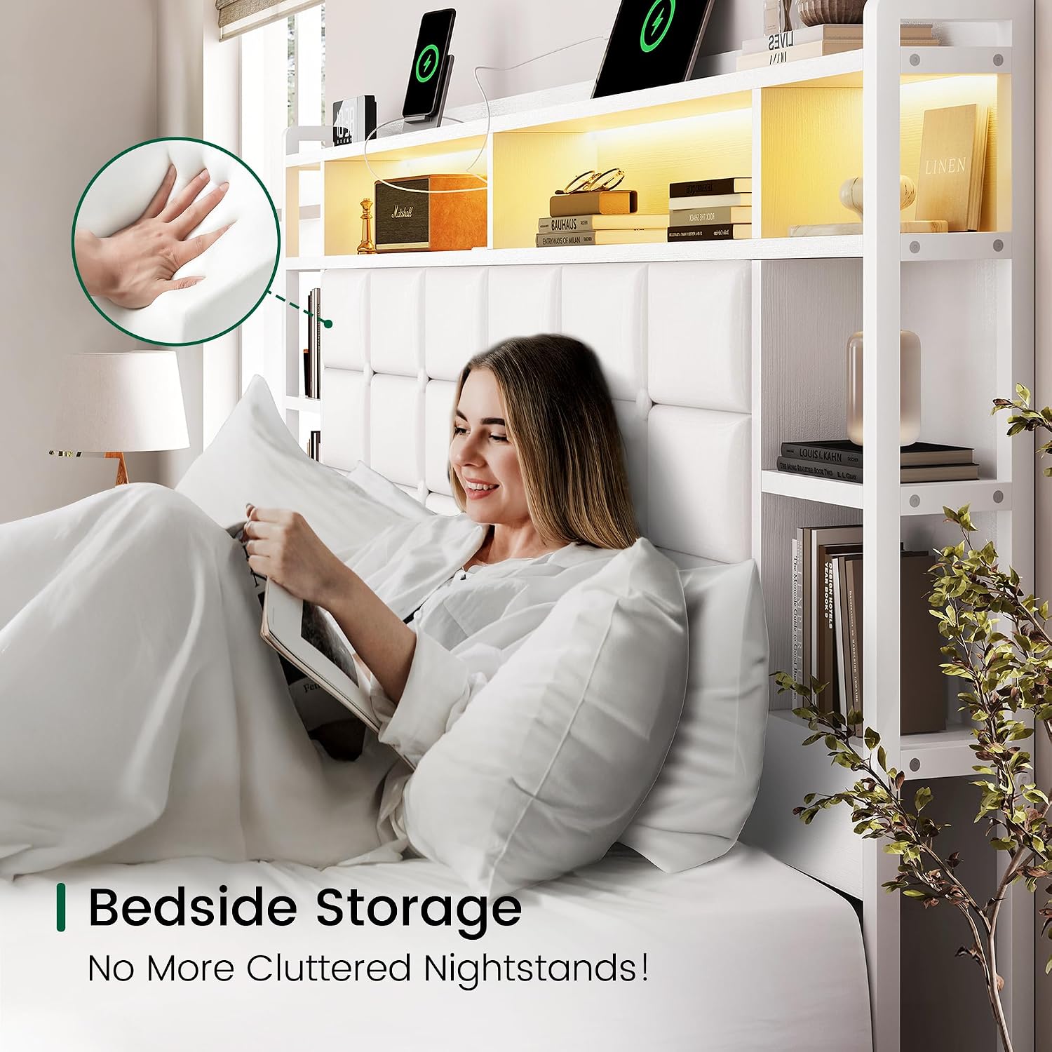 LARMACE Queen Size Bed Frame with 4 Storage Drawers and Bookcase Headboard, Faux Leather Upholstered, Wooden Platform Bed Frame with Charging Station and LED Lights, No Box Spring Needed, White
