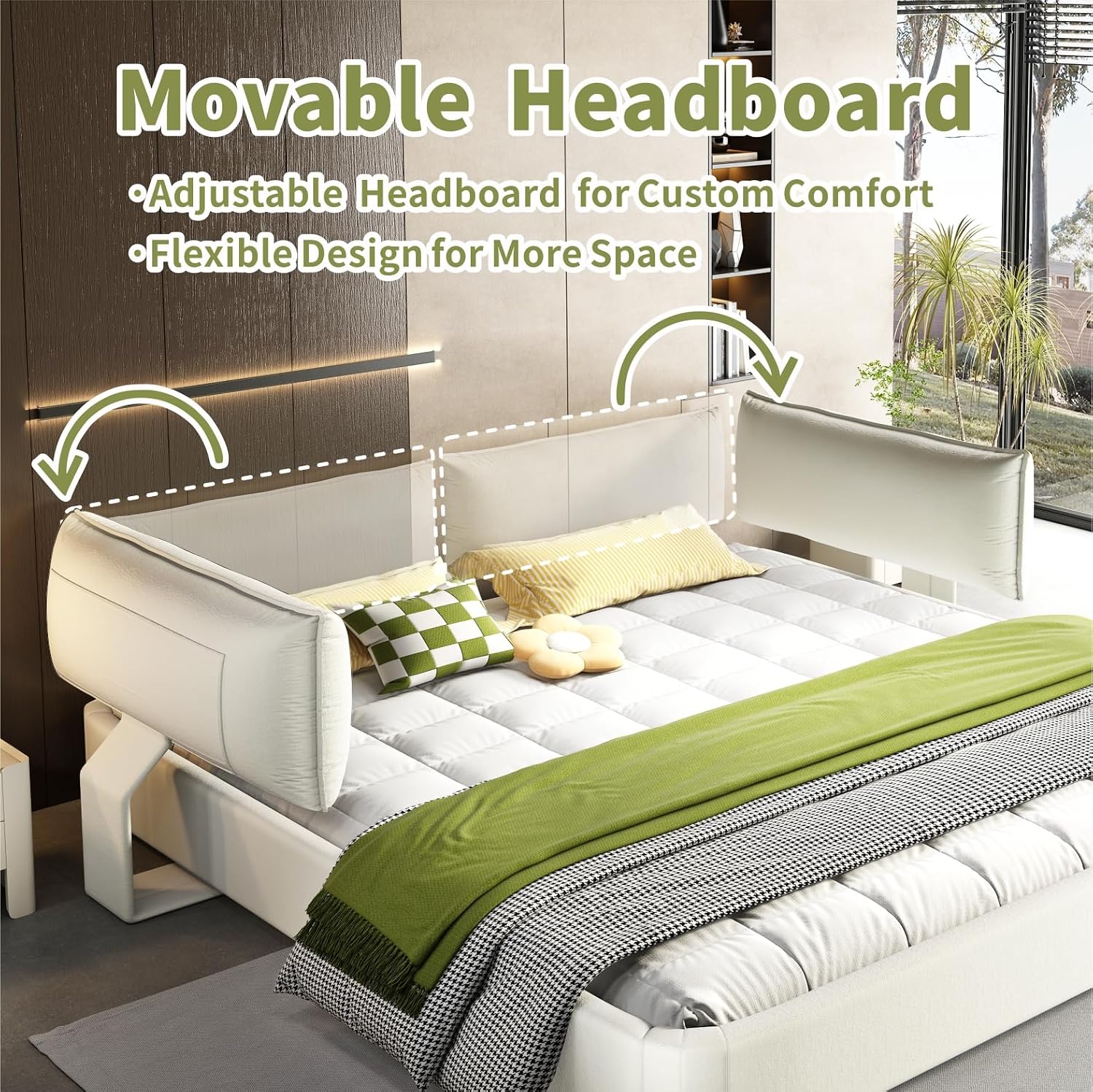 King Size Upholstered Platform Bed, Chenille Cloud Bed Frame with Oversized Padded Movable Headboard, Round Corner, Metal + Solid Wooden Slat Double Support, No Box Spring Needed (Beige+White-65)
