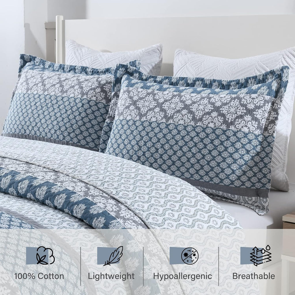 PERHOM Quilt King Size - 100% Long-Staple Cotton Lightweight King Quilt Set, Blue Gray Striped Bedding Set for King Bed, Farmhouse Floral Patchwork Reversible Bedspreads All Seasons, 3 Pieces
