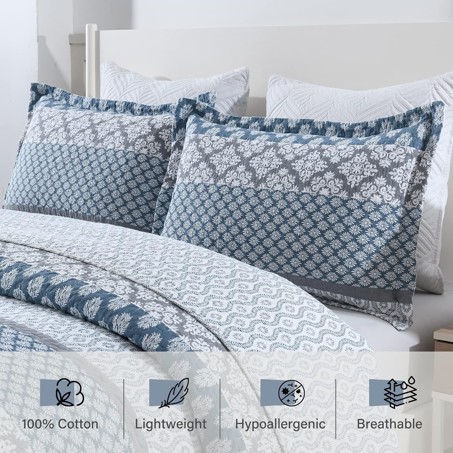 PERHOM Quilt King Size - 100% Long-Staple Cotton Lightweight King Quilt Set, Blue Gray Striped Bedding Set for King Bed, Farmhouse Floral Patchwork Reversible Bedspreads All Seasons, 3 Pieces