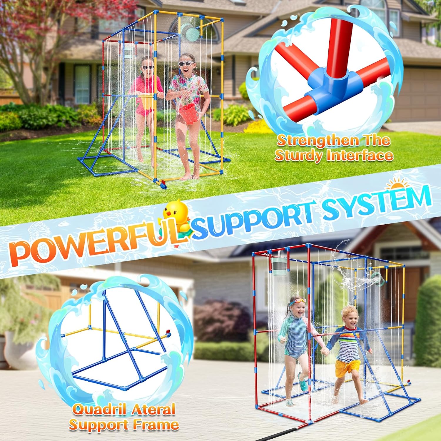 Kids Backyard Water Park Sprinkler Toy, Steady Water Sprinkler for Children, Summer Fun Waterpark Splash Outside Water Activities, Heavy Duty PVC Tubes