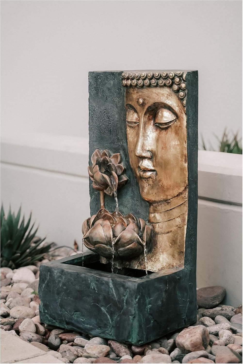 XBrand 30' H Zen Buddha Face Water Fountain w/LED Light & Pump, Indoor/Outdoor Freestanding, Relaxing Zen Décor, Bronze and Natural Grey Polyresin Fountain for Home Patio Garden Backyard