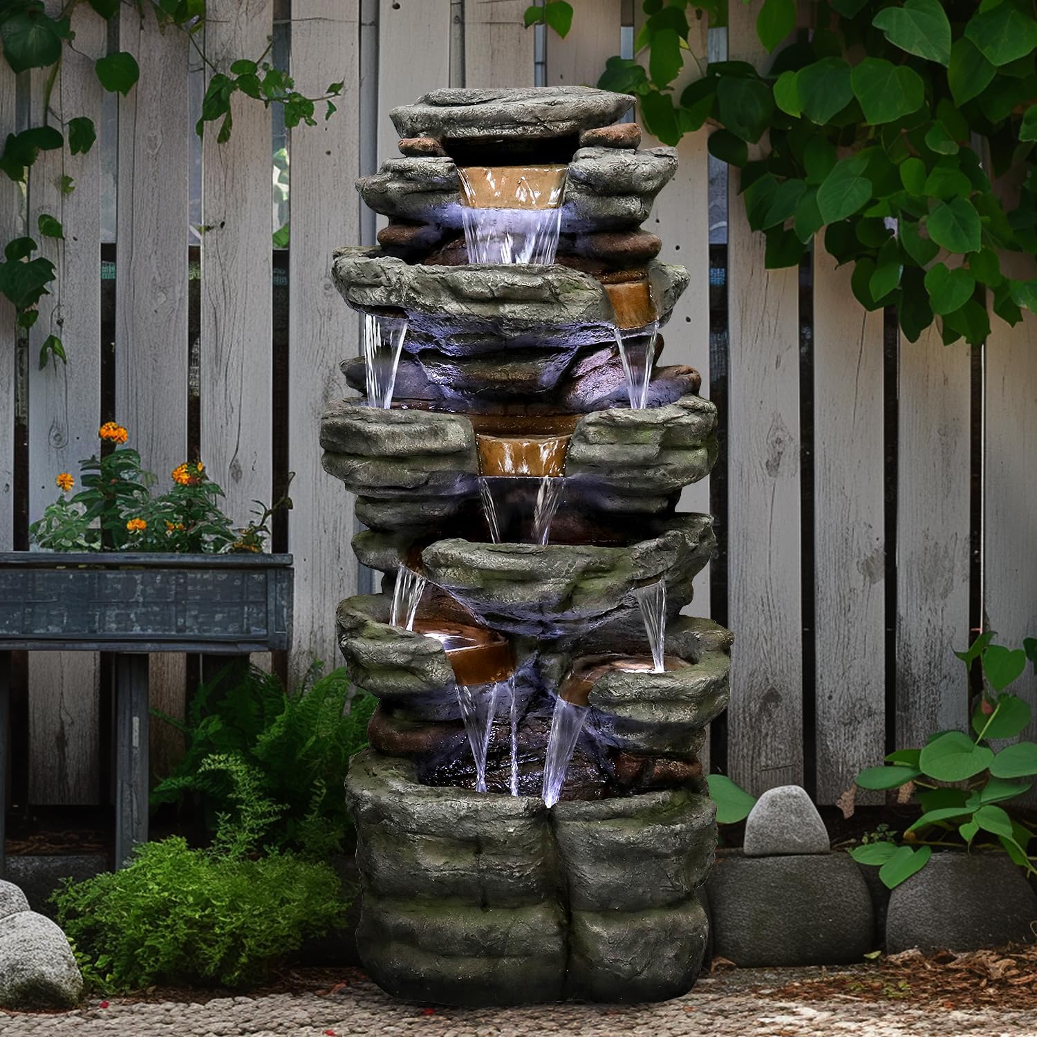 SunJet 47.2' High 6-Tiers Cascading Rock Outdoor Water Fountain with LED Lights - Large Outdoor Fountains and Waterfalls for Garden or Patio, Yard, and Deck Decor, Featuring Natural Stone Look