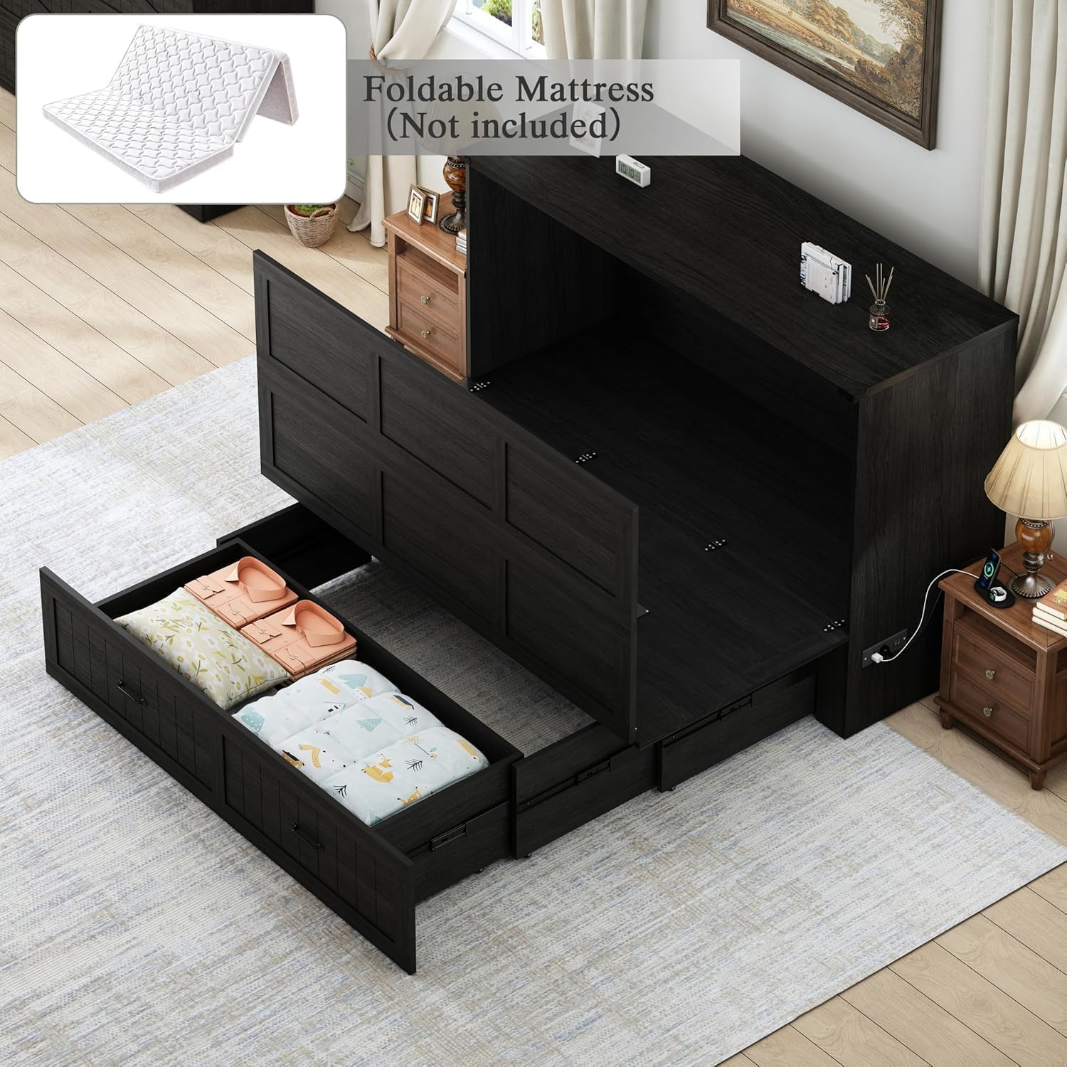 Queen Size Murphy Bed with Charging Station and Large Drawer, Farmhouse Cabinet Bed with Storage, Multifunctional Wood Hidden Folding Bed Frame for Bedroom, Black