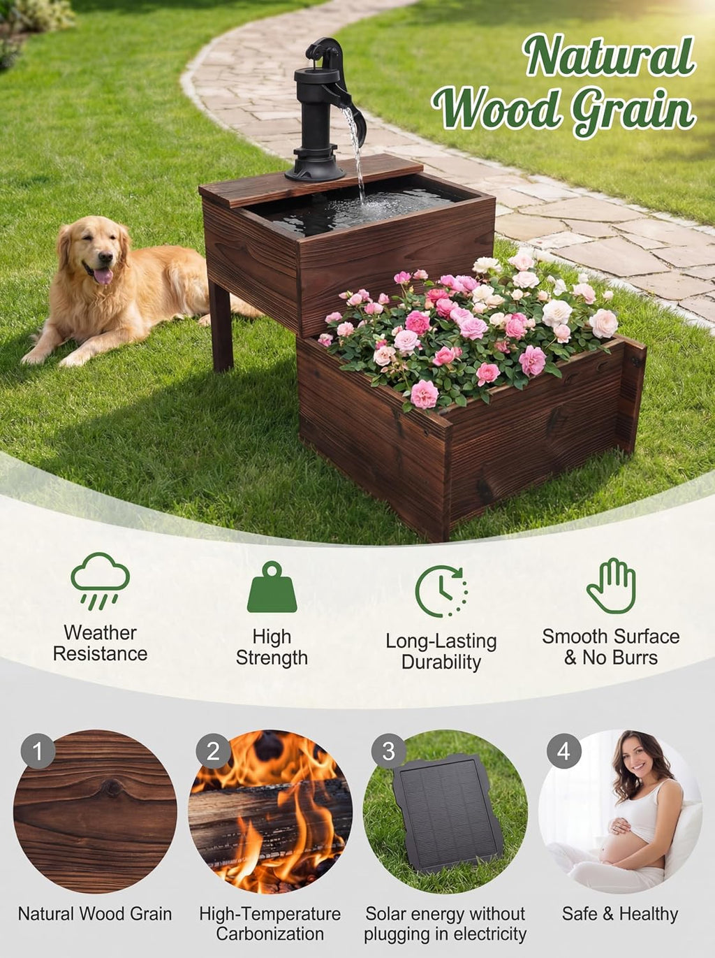 Outdoor Water Fountain, Floor Wooden Rectangular Double-Layer Old-Fashioned Hand Pump Fountain with Flower Box, Solar-Powered Electric Decorative Water Feature for Garden Patio Backyard