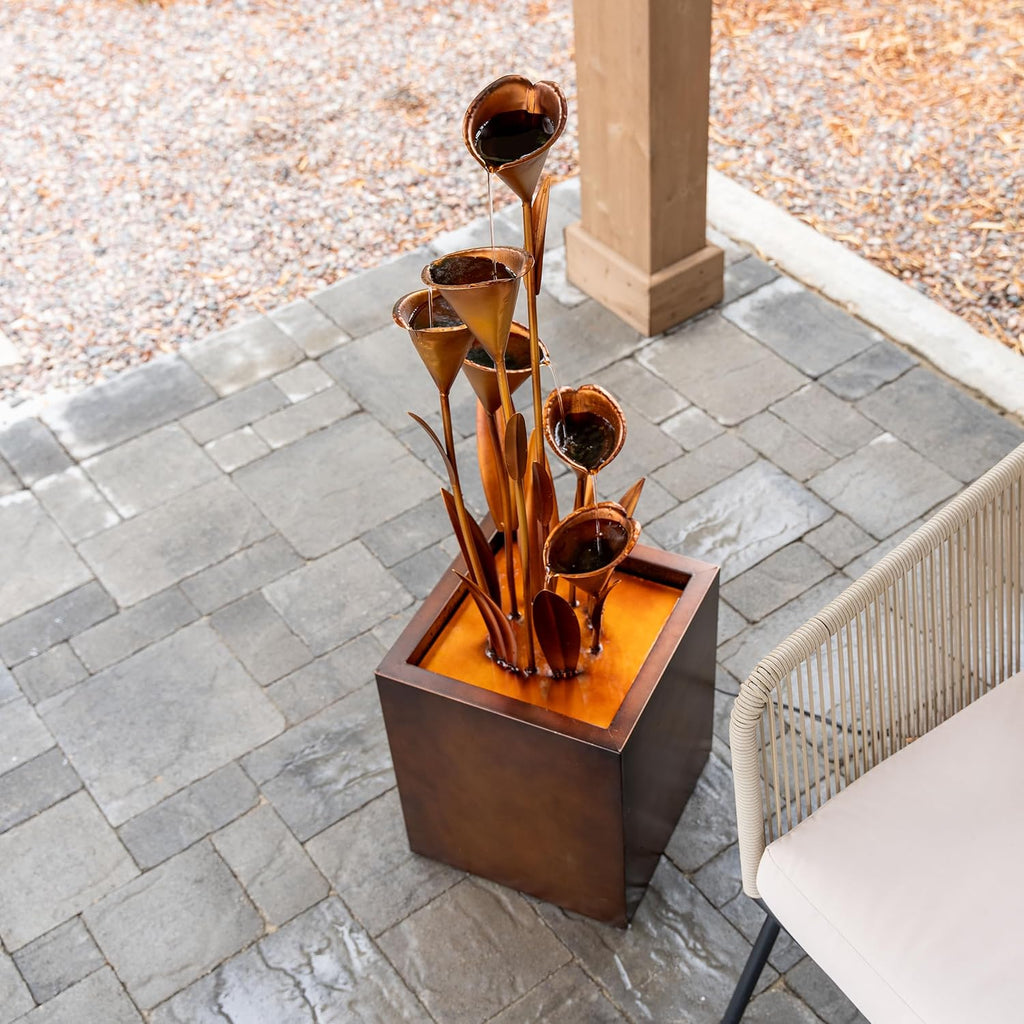 XBrand 46' Tall Bronze Metal Sculptural Flower Multi-Tier Freestanding Water Fountain for Indoor & Outdoor Use, Decorative Garden Patio Backyard Water Feature