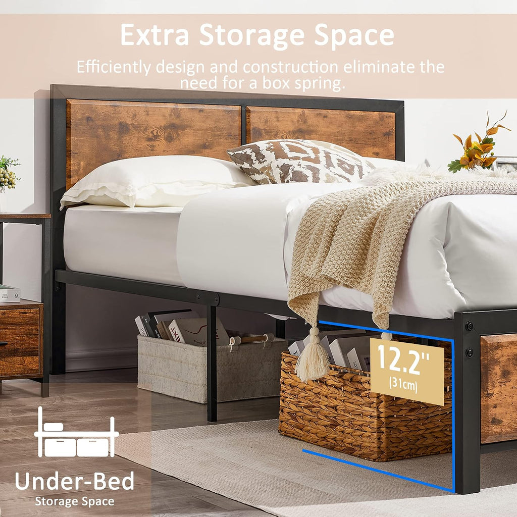 VECELO Queen Platform Bed Frame/Mattress Foundation with Rustic Vintage Wood Headboard, Strong Metal Slats Support, No Box Spring Needed