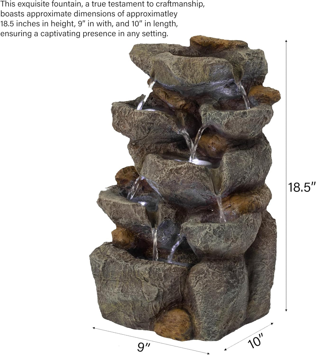 Cascading Electric Powered 8-Tier Rock Water Fountain with LED Lights 18.5' for Indoor and Outdoor Use