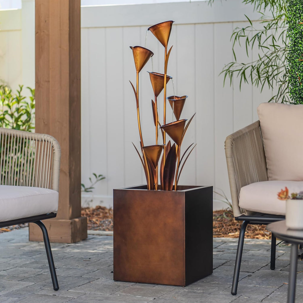 XBrand 46' Tall Bronze Metal Sculptural Flower Multi-Tier Freestanding Water Fountain Without LED Lights