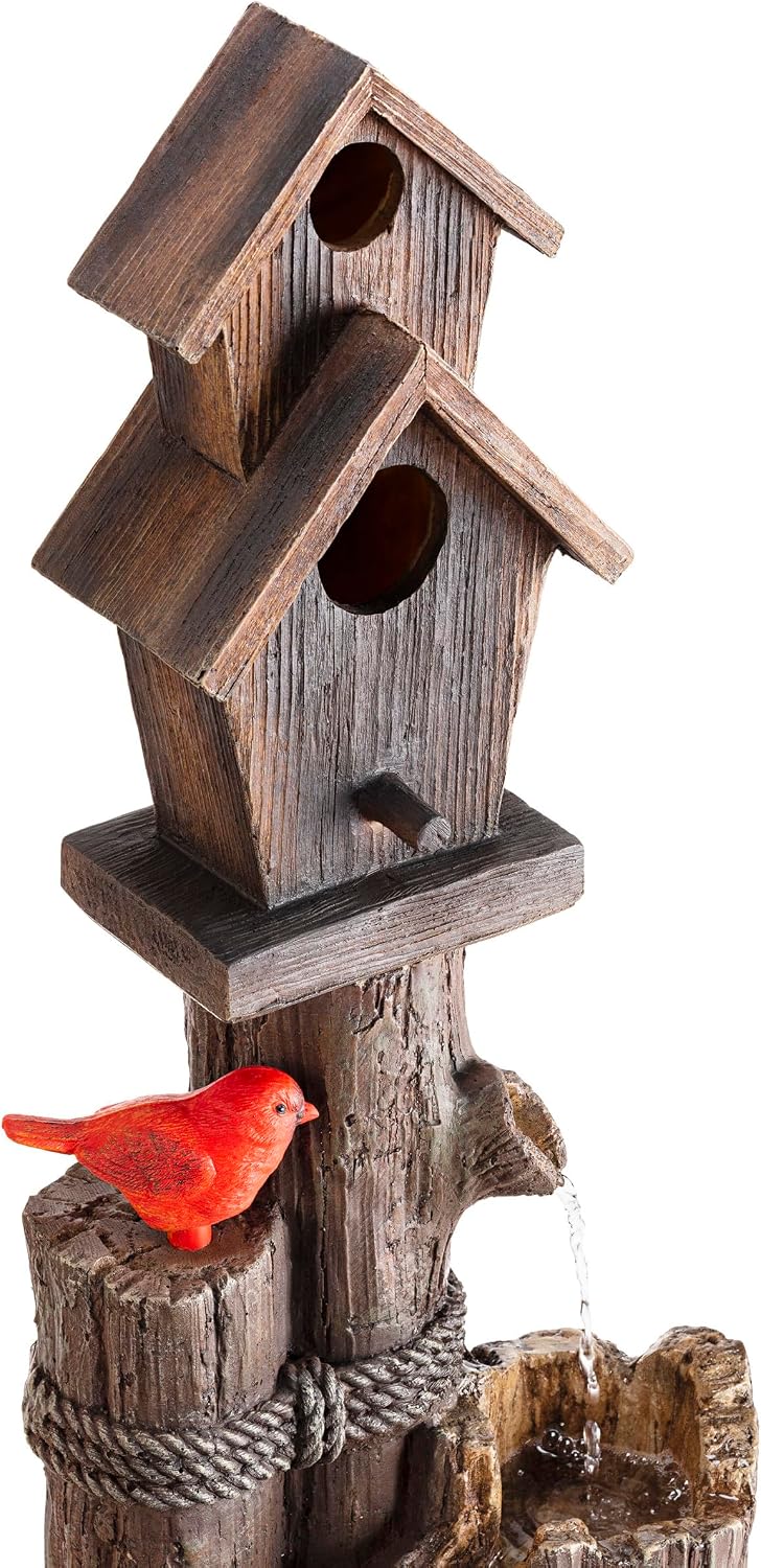 Alpine Corporation 35' Tall Outdoor 3-Tier Birdhouse Water Fountain with Cardinal Accent, Rustic Floor Decor for Garden and Patio, Brown