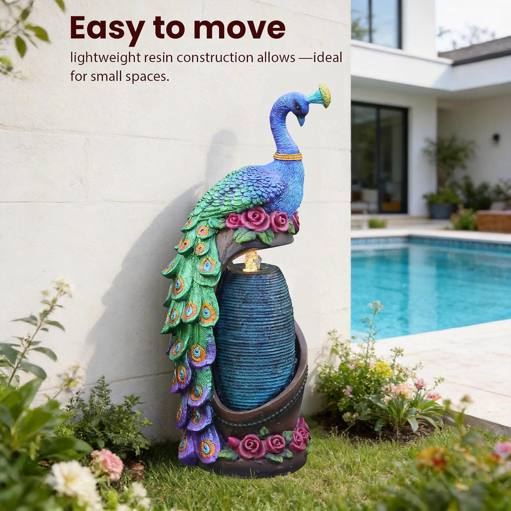 Tankana Outdoor Water Fountain 32' H Cascading Peacock Waterfall Fountain with LED Lights & Pump Tiered Water Feature for Garden, Patio, Backyard, Deck, and Porch Decor