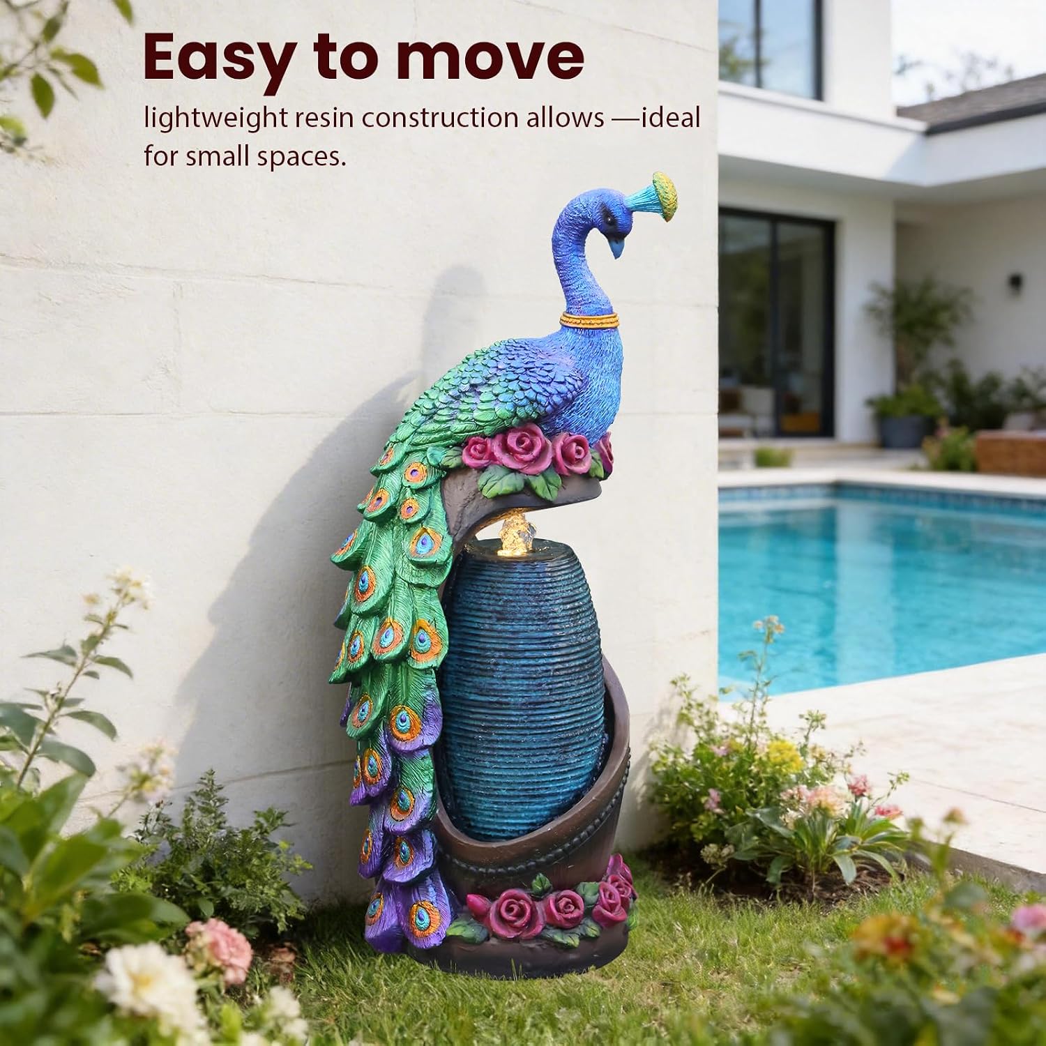 Tankana Outdoor Water Fountain 32' H Cascading Peacock Waterfall Fountain with LED Lights & Pump Tiered Water Feature for Garden, Patio, Backyard, Deck, and Porch Decor