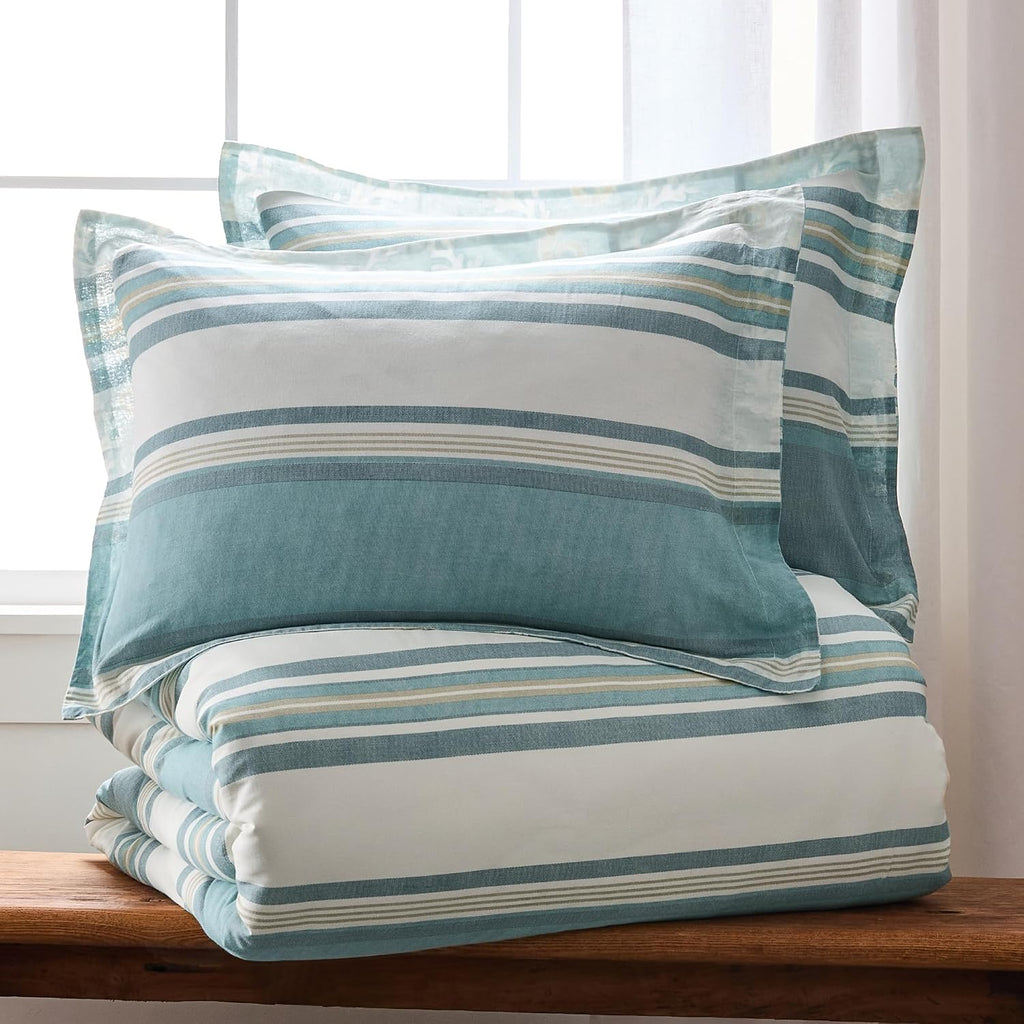 Levtex Home - Kailua Duvet Set - King Duvet Cover (106x94in.) + Two King Pillow Cases (36x20in.) - Stripe - Blue Teal Taupe Cream - Cotton