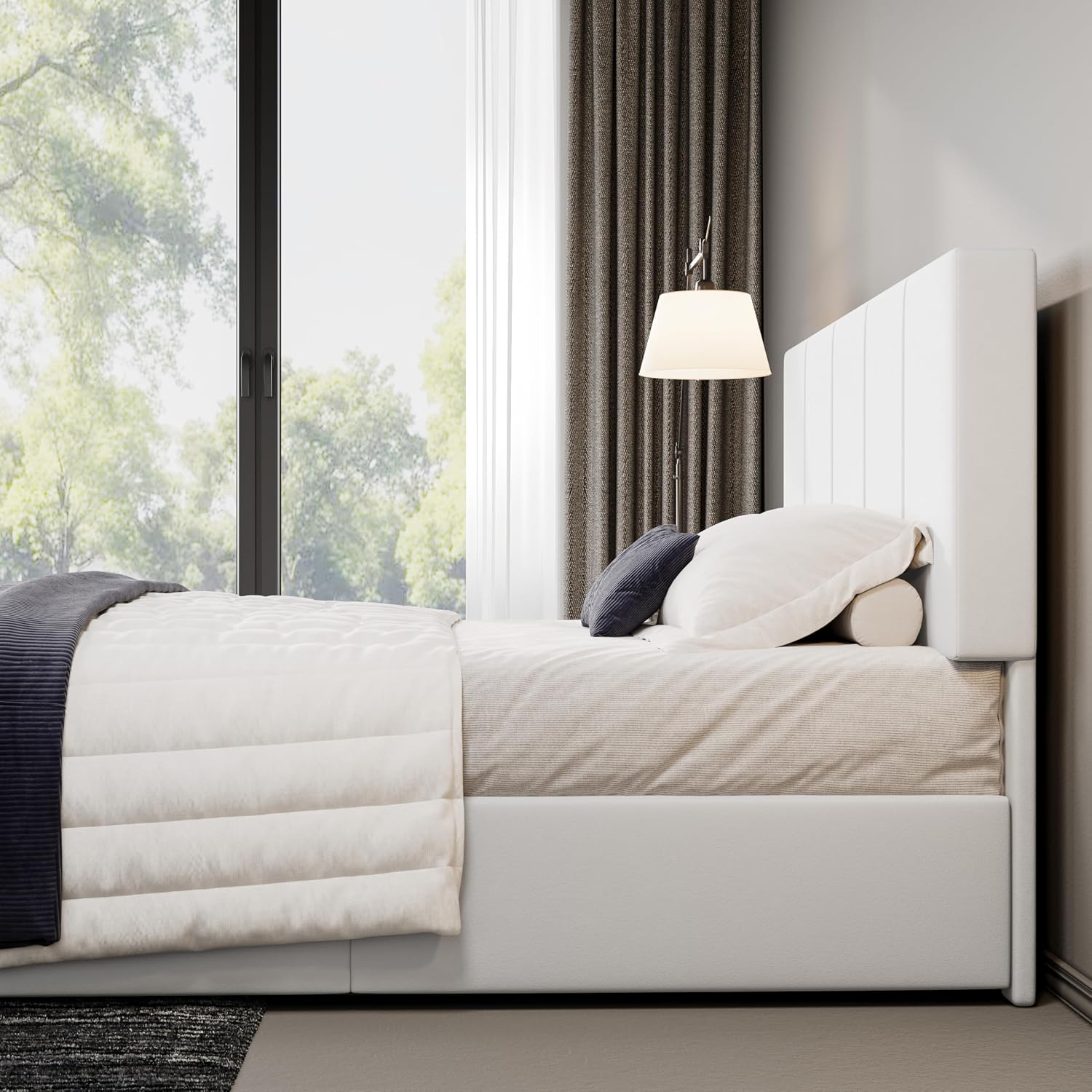 Allewie Queen Size Dutch Velvet Upholstered Platform Bed Frame/Vertical Channel Tufted Adjustable Headboard/Low Profile Bed Frame/No Box Spring Needed/Easy Assembly/White