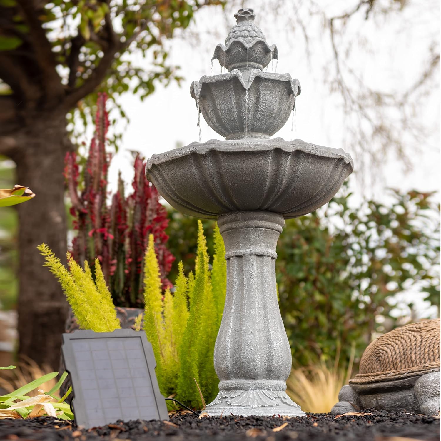 XBrand 36.2' Solar Powered 2-Tier Outdoor Water Fountain, Resin Fountain with Solar Panel Pump, Gray
