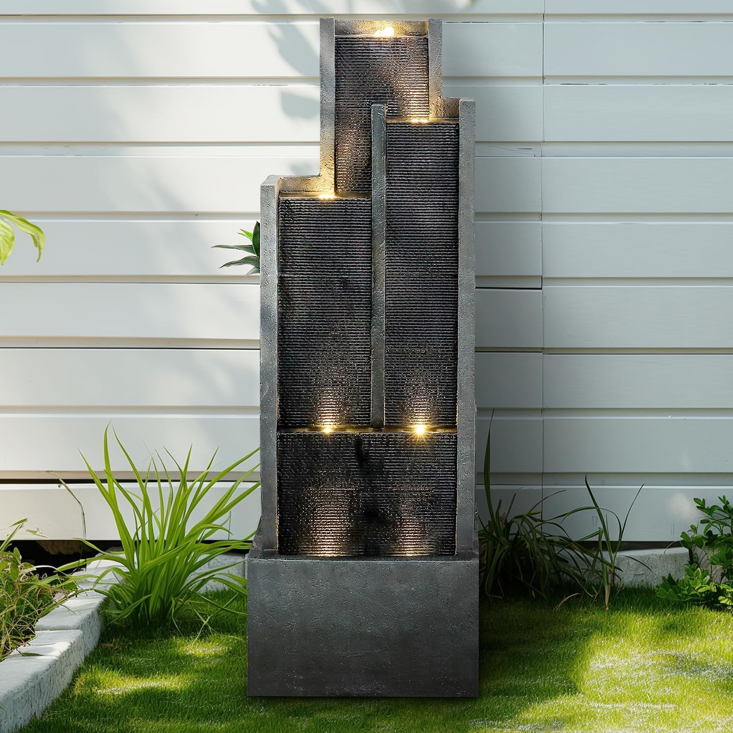 SunJet 5-Tiers Indoor/Outdoor Garden Water Fountain - 50.7inches Modern Floor-Standing Cascading Water Feature - Suitable for Deck, Patio, Porch, Yard Decor