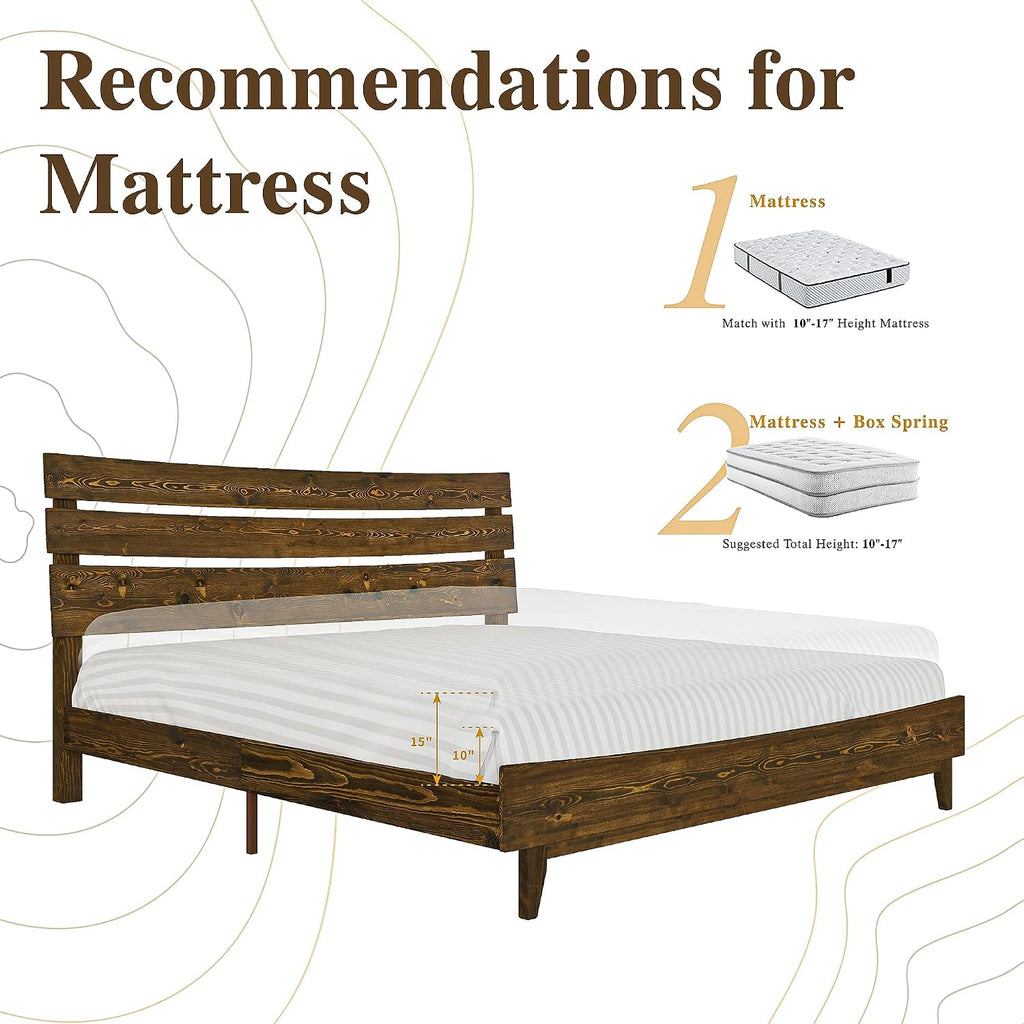 VanAcc Queen Size Solid Wood Bed Frame, Mid Century Platform Bed with Slatted Headboard, Wood Slat Support/No Box Spring Needed/Noise Free/Caramel