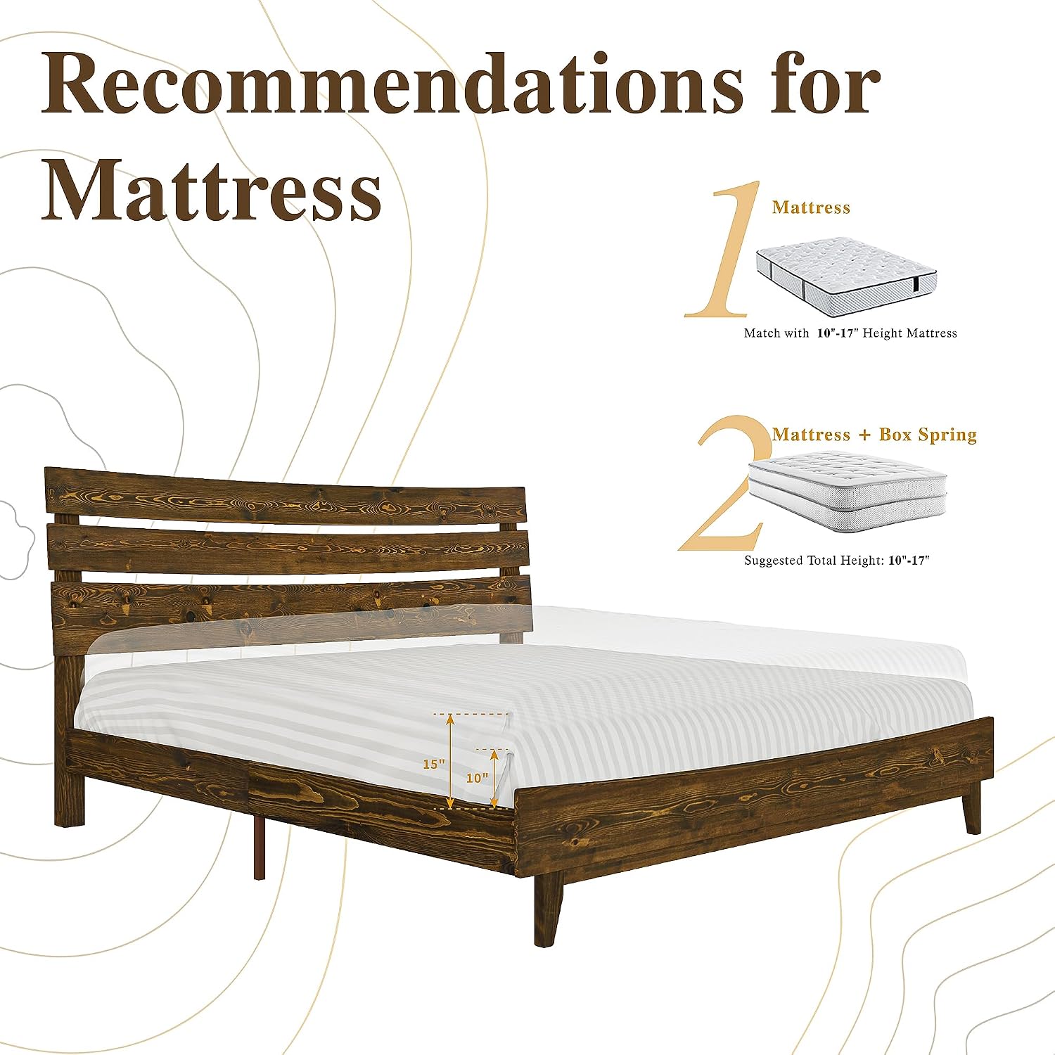 VanAcc Queen Size Solid Wood Bed Frame, Mid Century Platform Bed with Slatted Headboard, Wood Slat Support/No Box Spring Needed/Noise Free/Caramel