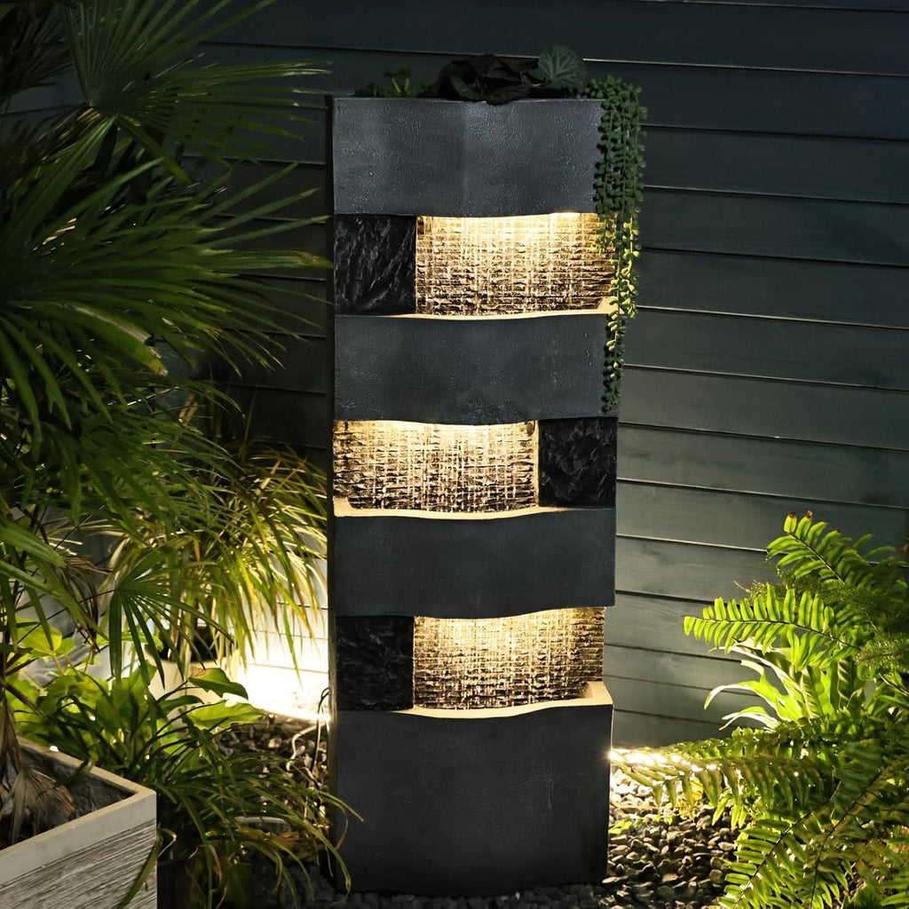 Sunlinua 40.5' H Modern Outdoor Water Fountain with LED Lights – Tall Garden Waterfall Fountain for Patio, Yard, Landscape or Indoor Decor, 4 Tiers Floor Standing Waterfall Outdoor Fountains
