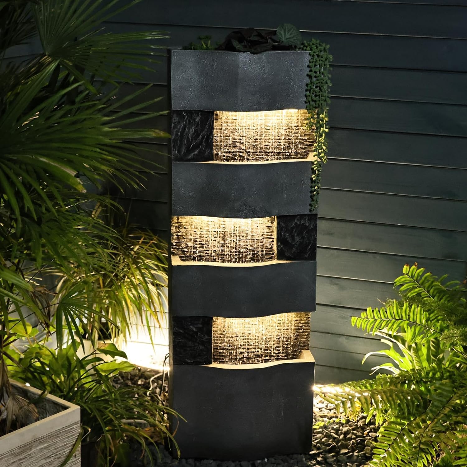 Sunlinua 40.5' H Modern Outdoor Water Fountain with LED Lights – Tall Garden Waterfall Fountain for Patio, Yard, Landscape or Indoor Decor, 4 Tiers Floor Standing Waterfall Outdoor Fountains