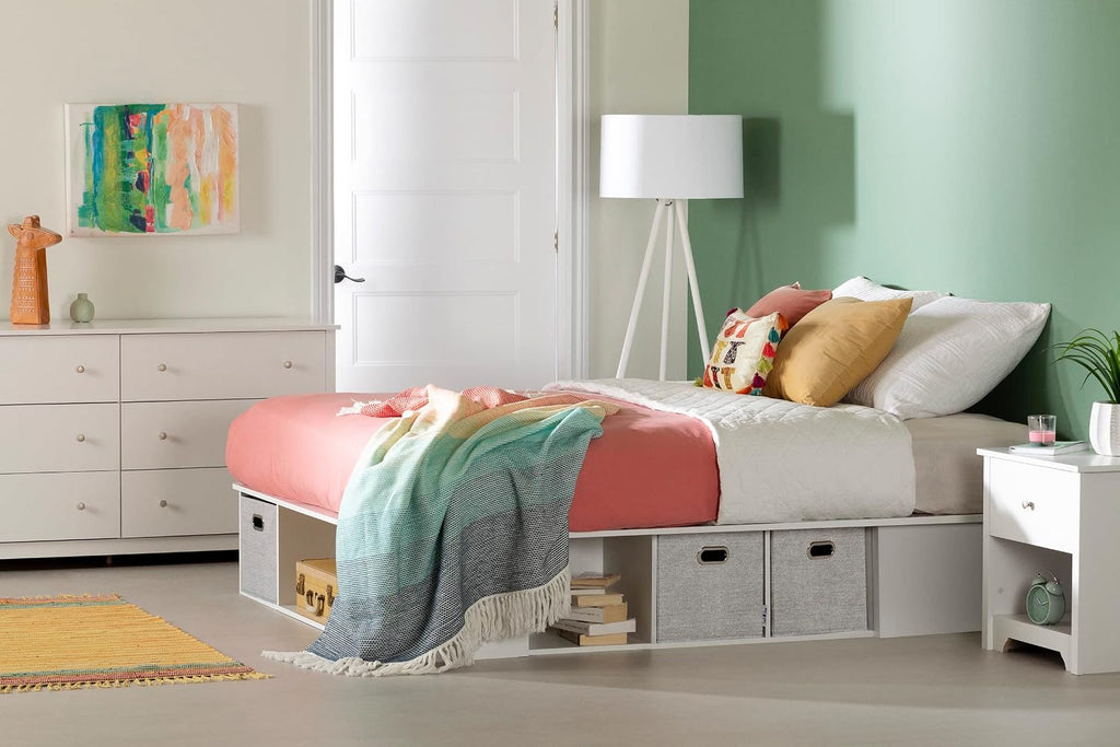 South Shore Flexible Full Platform Bed with Storage and Baskets, Pure White