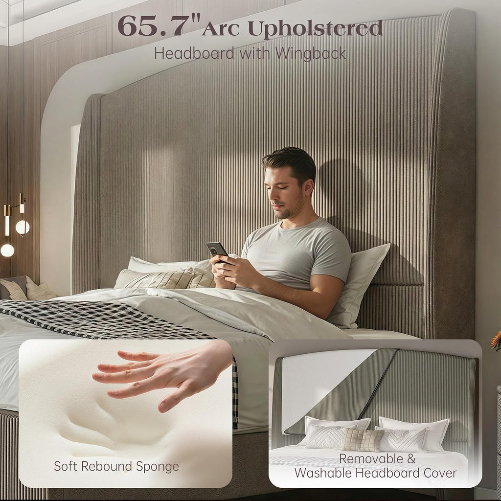 65.7' Tall Headboard California King Size Upholstered Bed Frame with Wingback, Soft Washable Corduroy Beds Cover, Solid Wood Legs, Noise-Free, No Box Spring Needed, Light Gray