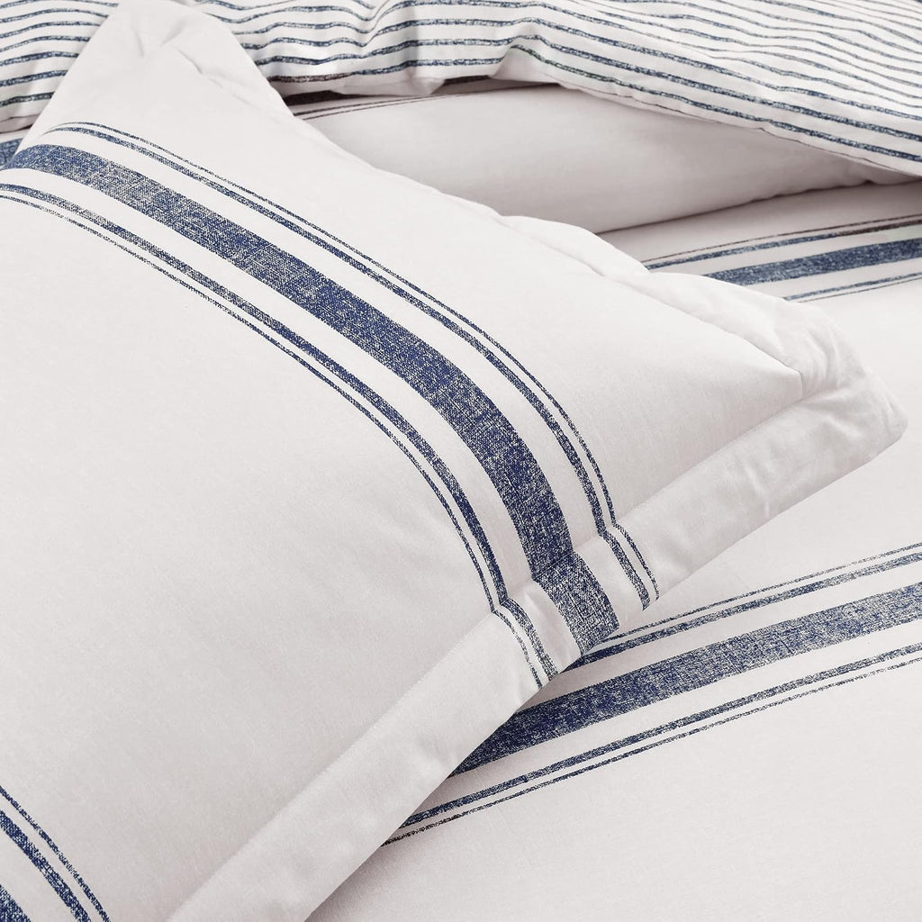 Lush Decor Farmhouse Stripe Reversible Cotton Duvet Cover King Size 3 Piece Set Navy - Farmhouse Bedding Set King - Striped Duvet Cover
