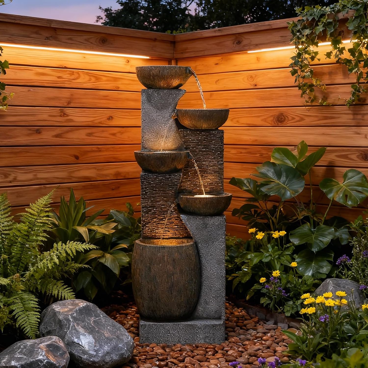 Bumilgar 51.4' H Outdoor Garden Water Fountain for Garden, Patio, Backyard, Deck, Porch and Home Art Decor, 5 Tiers Modern Cascading Large Outdoor Fountain with Lights