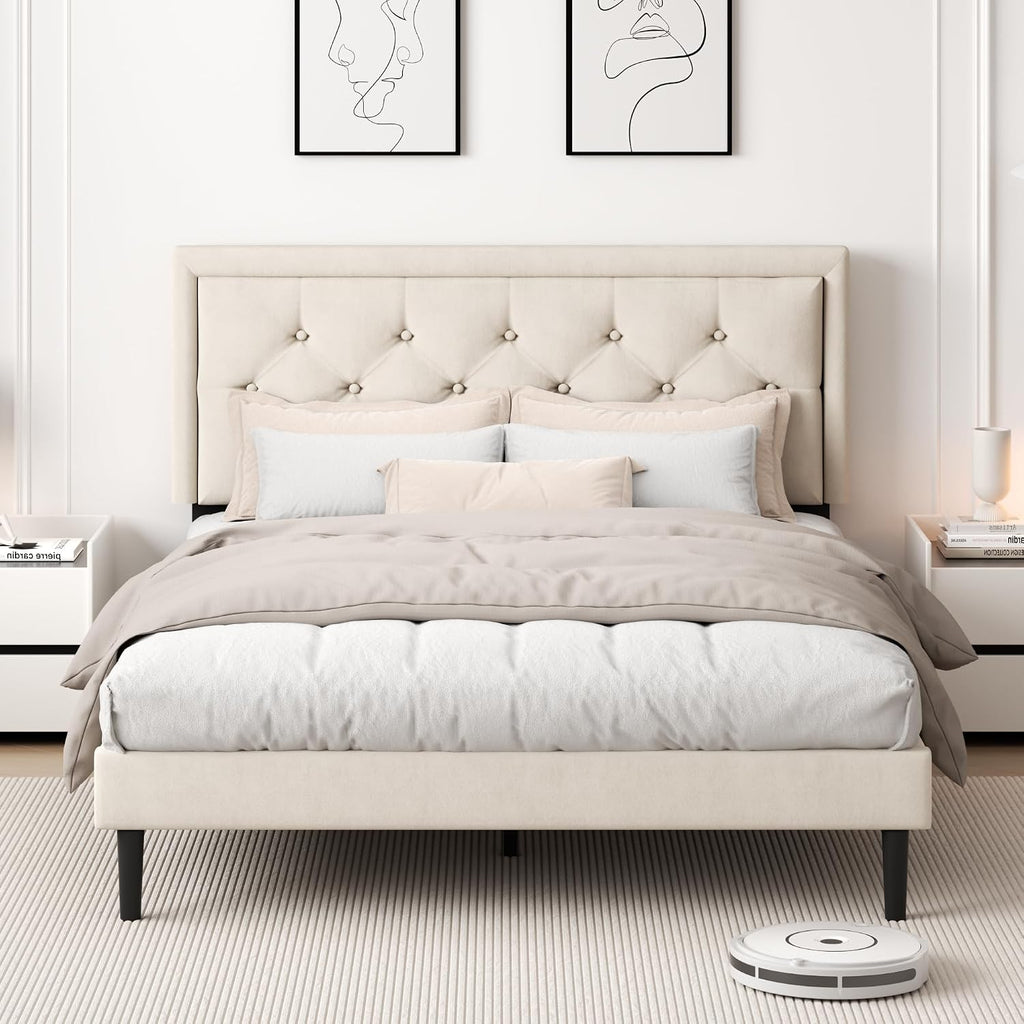 CXVX Queen Size Platform Bed Frame with Upholstered Velvet Button Tufted Headboard, Mattress Foundation with Wooden Slat Support, No Box Spring Needed, Easy Assembly, Noise Free, Beige
