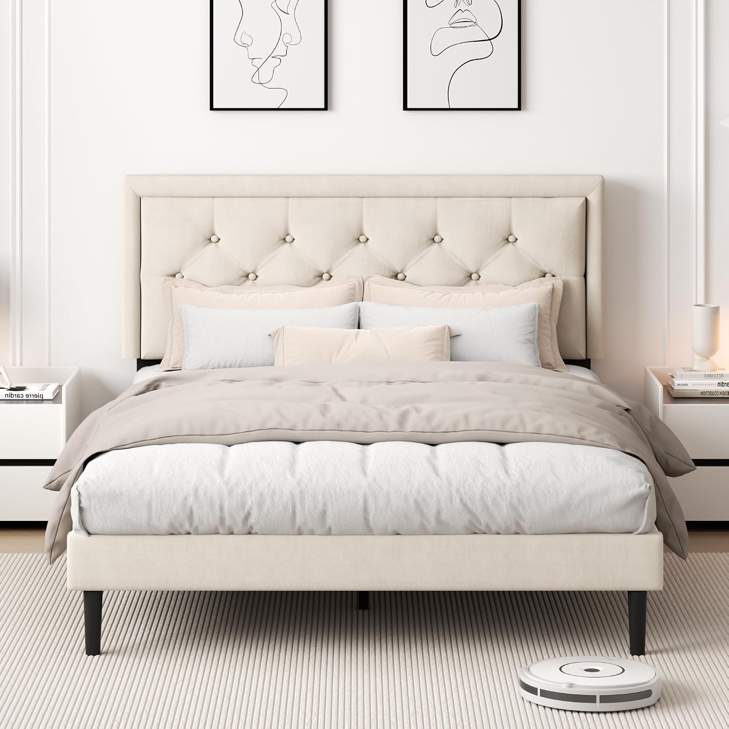 CXVX Queen Size Platform Bed Frame with Upholstered Velvet Button Tufted Headboard, Mattress Foundation with Wooden Slat Support, No Box Spring Needed, Easy Assembly, Noise Free, Beige