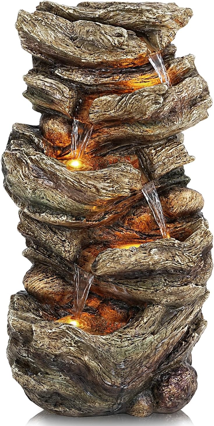 Jocoevol 32' High Outdoor Water Fountain, 5-Tiers Cascading Rock Waterfall Fountain with LED Lights for Garden, Patio, Yard Decor, Soothing Tranquility for Any Outdoor Living Space