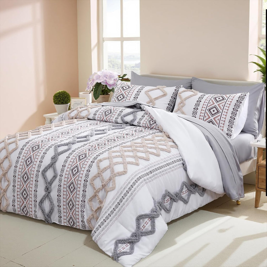 MOVE OVER Tufted Comforter Set King Size Boho Comforter Set 7 Pieces Bed in a Bag King 100% Soft Microfiber Aztec Comforter Set Shabby Chic Farmhouse Style Beige and Gray Fluffy Tufted Bedding Set