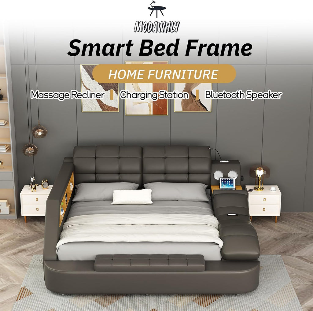 Multifunctional Queen Bed Frame, Gray Luxury Smart Bed Frames with Massage Chaise Lounge on Right, Modern Bed with Bluetooth Speakers & USB Charging Station for Bedroom