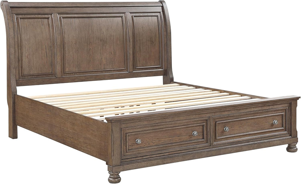 Traditional 6pc Bedroom Set Queen Size Platform Storage Bed Sleigh Headboard Classic Antique Brown Finish Furniture