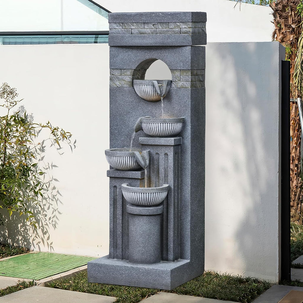 42.52' Outdoor Garden Water Fountain with Lights Floor-Standing 4 Tiers Cascading Large Waterfall Fountain for Patio, Backyard, Deck, Porch and Home Art Decor
