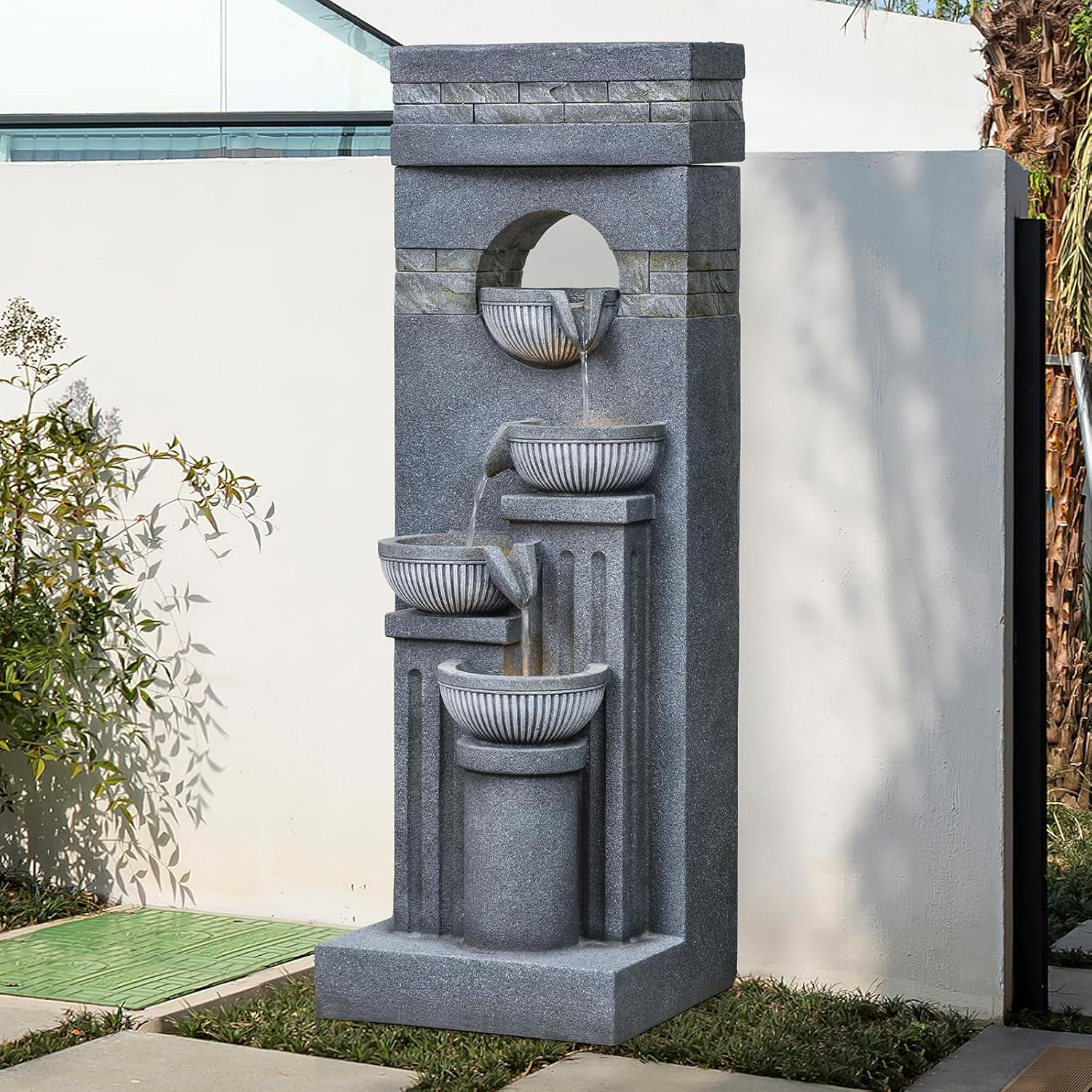 42.52' Outdoor Garden Water Fountain with Lights Floor-Standing 4 Tiers Cascading Large Waterfall Fountain for Patio, Backyard, Deck, Porch and Home Art Decor