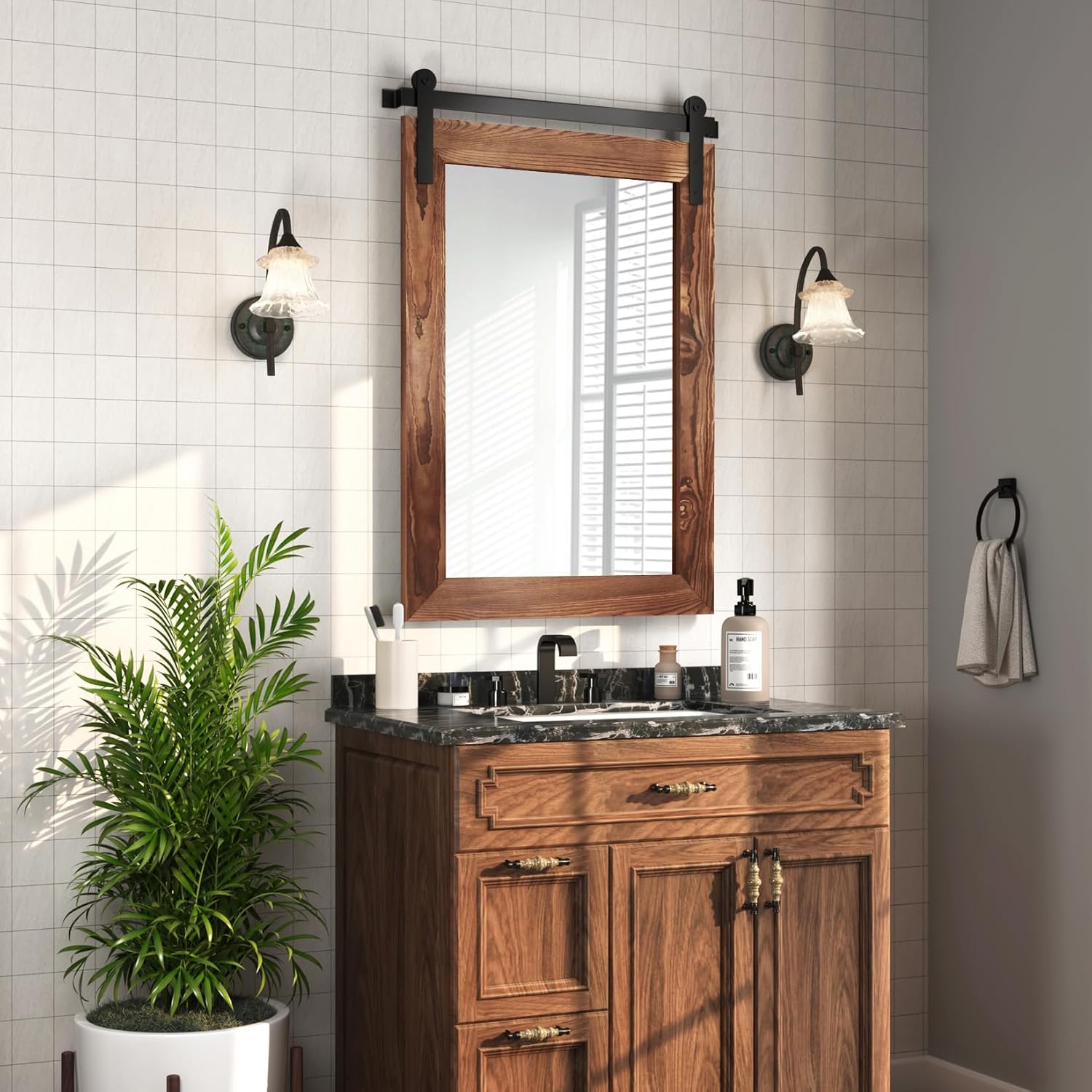 COGOOD Bathroom Mirrors for Over Sink - 42' x 29' Farmhouse Barn Door Mirror for Living Room, Entryway, Bedroom, Vanity Wall Decor Brown