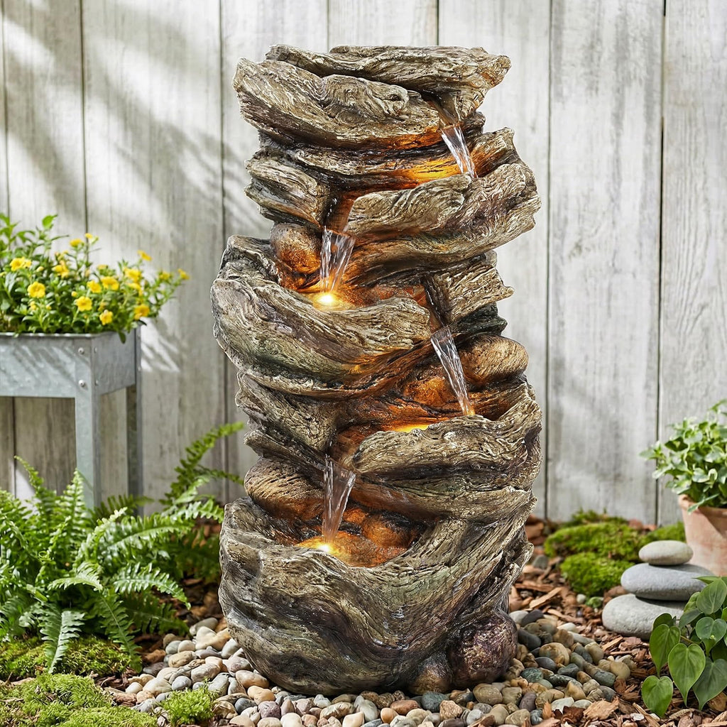 Jocoevol 32' High Outdoor Water Fountain, 5-Tiers Cascading Rock Waterfall Fountain with LED Lights for Garden, Patio, Yard Decor, Soothing Tranquility for Any Outdoor Living Space