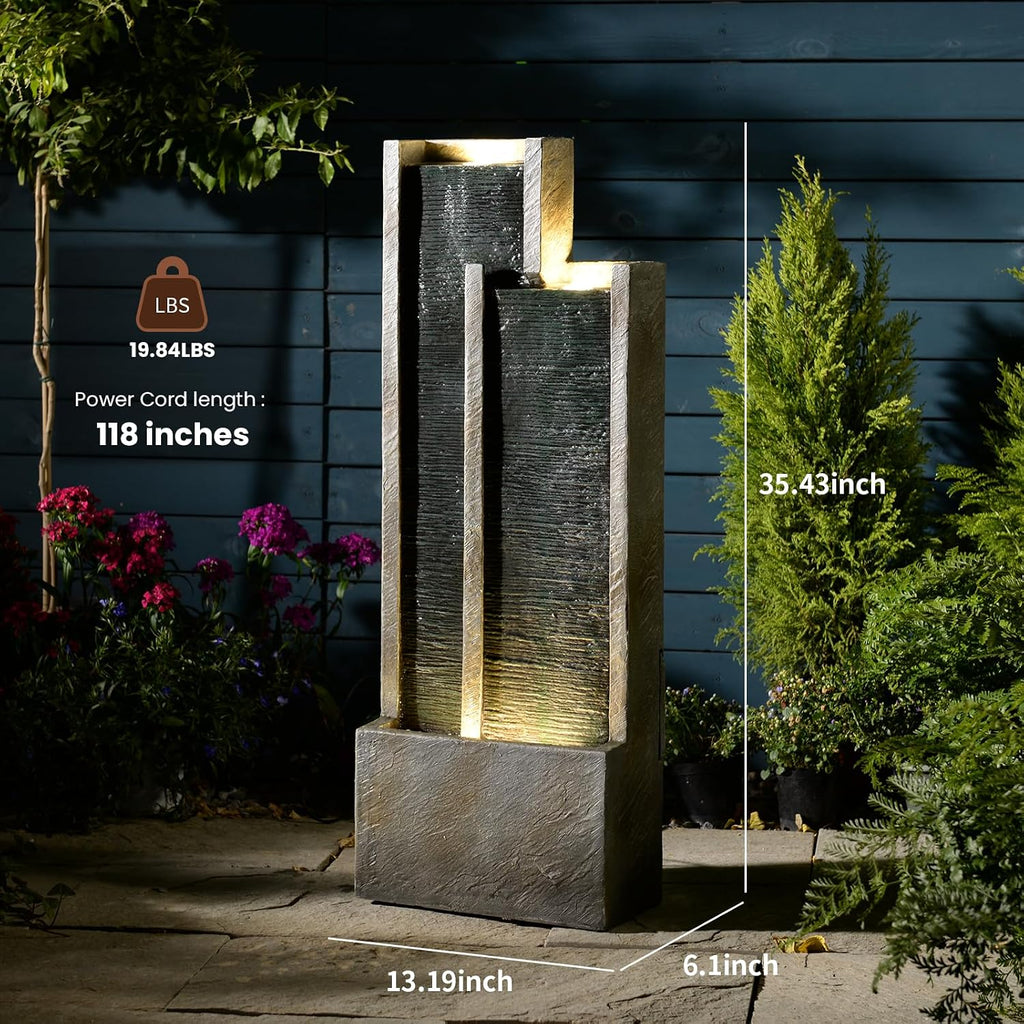 35' Modern Double Column Waterfall Fountain - Outdoor Water Fountain with LED Lights, Freestanding Waterfall Feature for Garden, Patio, Deck, Porch, and Home Decor, Rectangular Resin Design