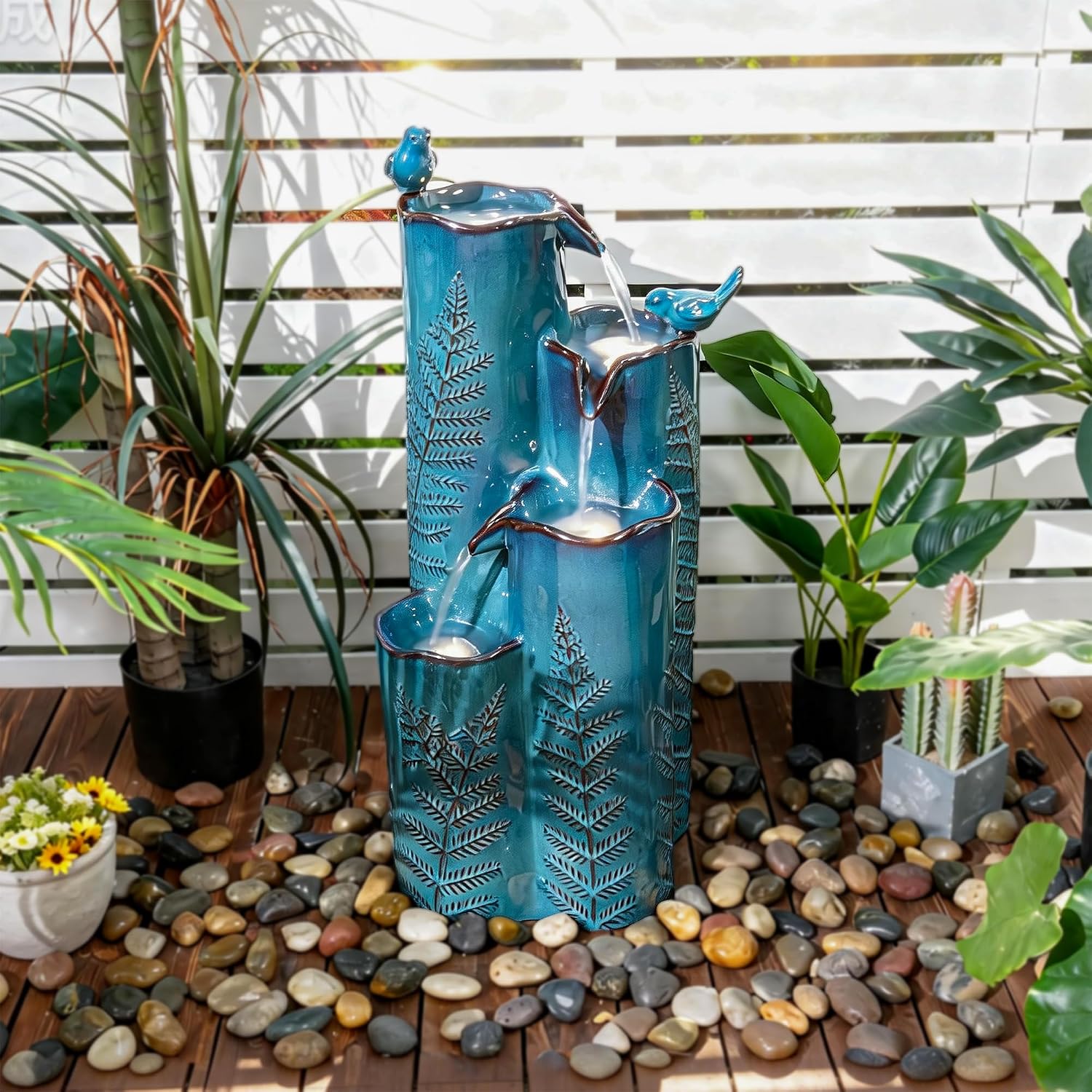 32' H Ceramic Outdoor Water Fountain, 4-Tier Tropical Cascading Waterfall with LED, Turquoise Glaze & Embossed Fern Pattern, Bird-Attracting Water Feature for Garden Patio Yard & Porch Decor