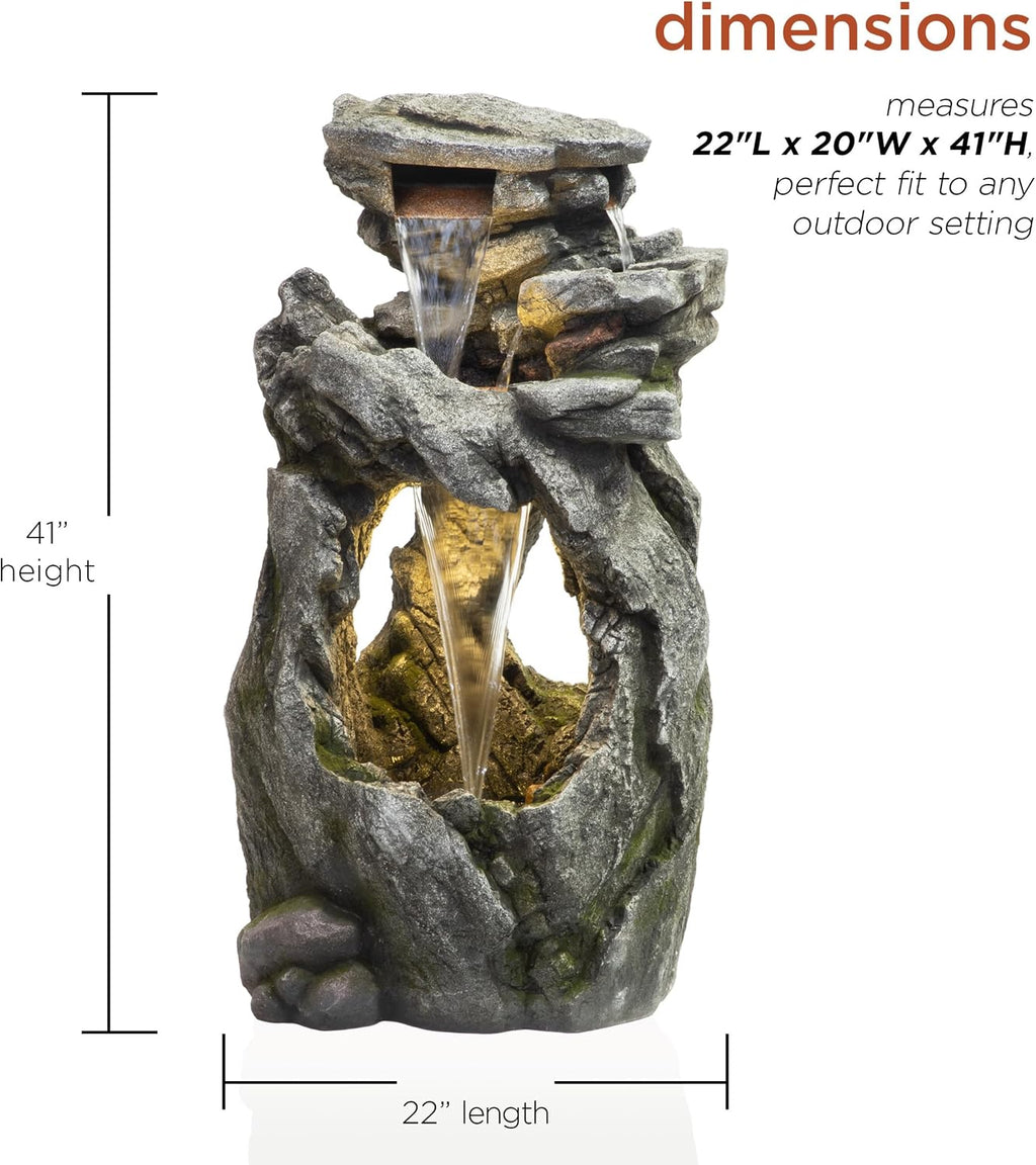 Alpine Corporation 41' Tall Outdoor Cascading Rainforest Rock Waterfall Floor Fountain with LED for Gardens, Patios, and Yards, Brown