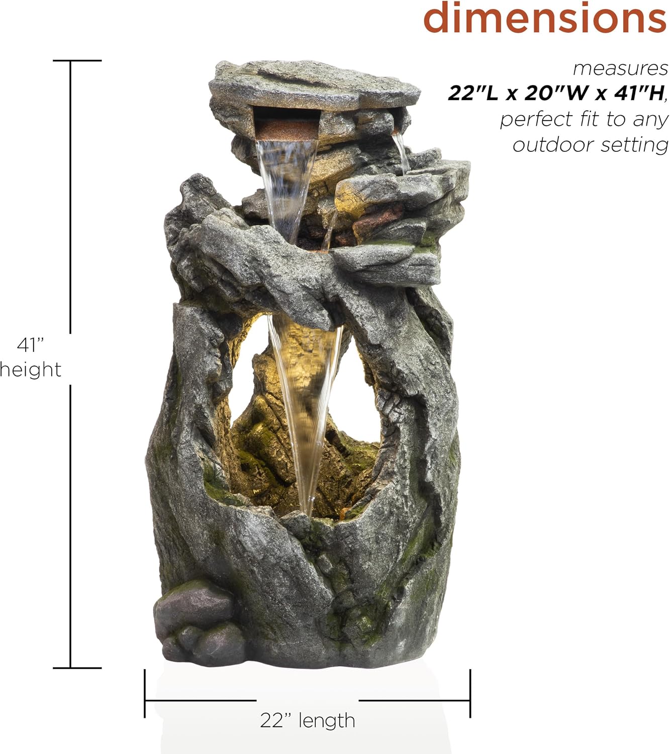 Alpine Corporation 41' Tall Outdoor Cascading Rainforest Rock Waterfall Floor Fountain with LED for Gardens, Patios, and Yards, Brown