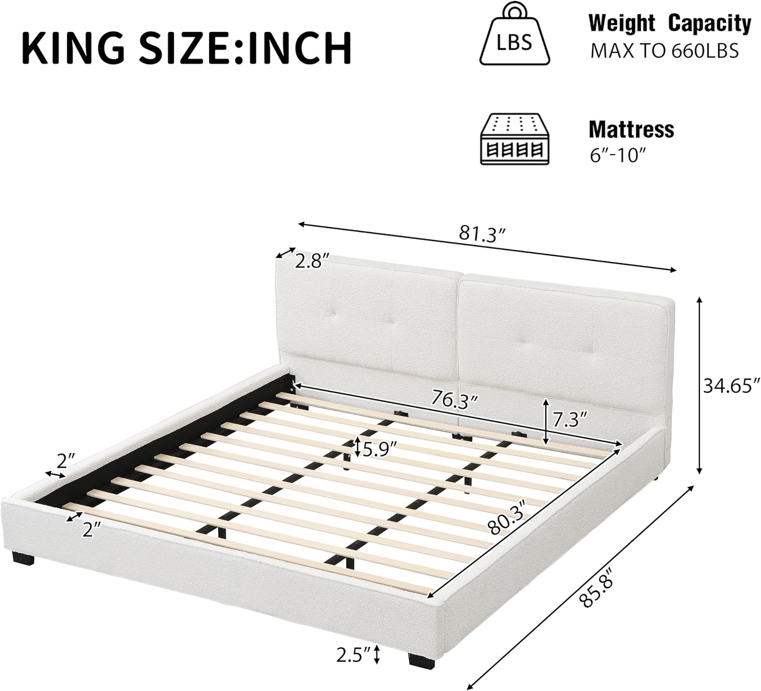 JIVOIT King Size Platform Bed, Boucle Upholstered Platform Bed with Curved Tufted Headboard, Soft Square Corners, Wood Slats Support, No Box Spring Needed