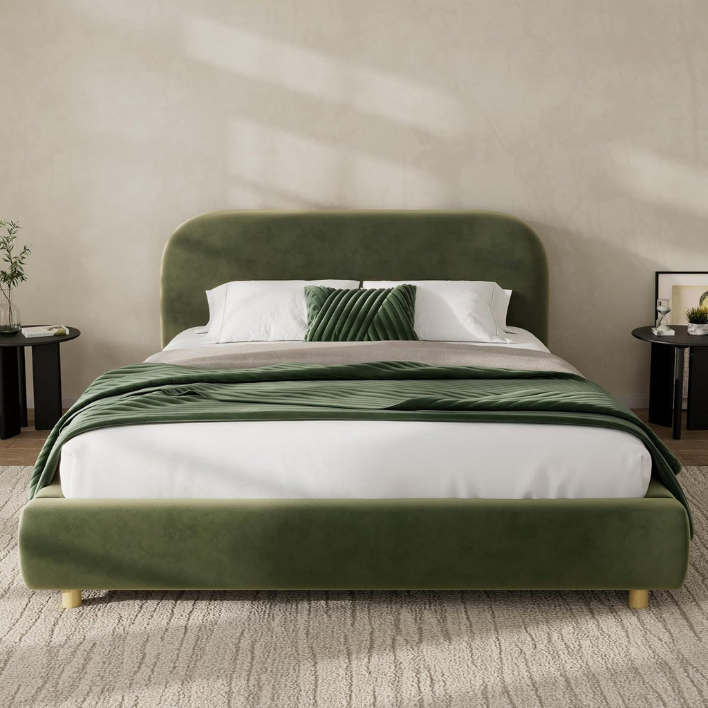 Queen Size Platform Bed with Curve-Shaped Design Headboard, Velvet Fabric Upholstered Platform Bed with Strong Support, Modern Bed Frame, No Box Spring Needed, Easy Assembly (Olive Green,Queen,8)
