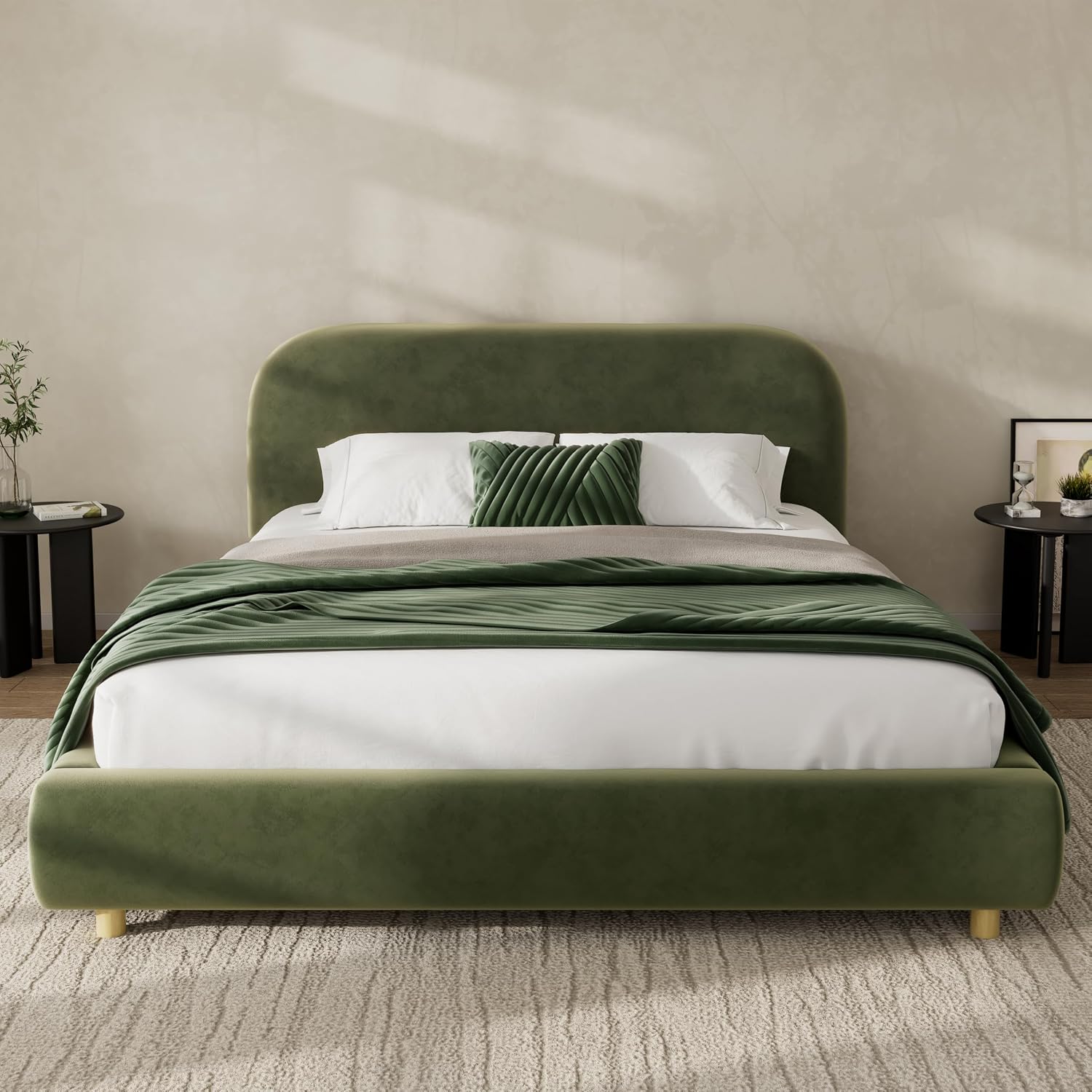 Queen Size Platform Bed with Curve-Shaped Design Headboard, Velvet Fabric Upholstered Platform Bed with Strong Support, Modern Bed Frame, No Box Spring Needed, Easy Assembly (Olive Green,Queen,8)