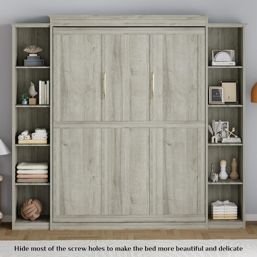 Rophefx Queen Murphy Bed Cabinet with 5-Tier Adjustable Storage Shelves, Queen Wall Bed Cabinet Bed, Wood Space Saving Beds, Foldable Platform Beds, Hidden Bedframe for Guest Room, Bedroom,Grey